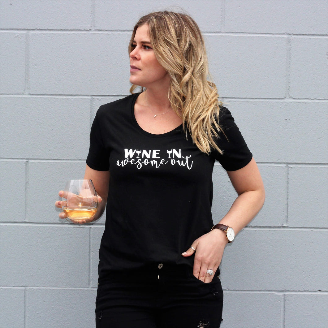 Wine in Awesome Out - Adult Scoop Bottom Black Tee
